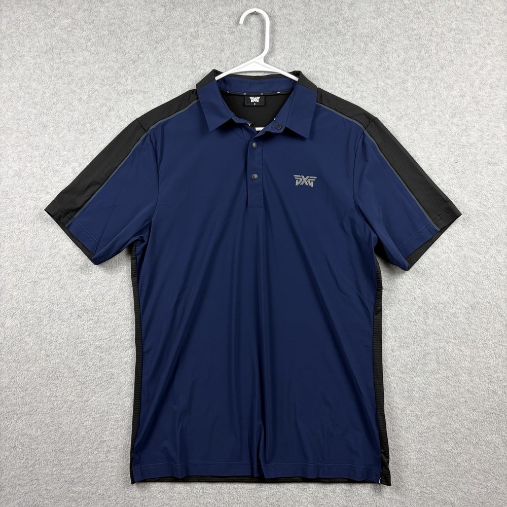 PXG Polo Shirt Mens Medium Blue Black Performance Golf Stretch Athletic Snap